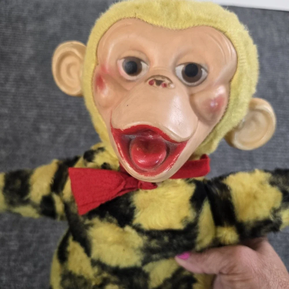 Vintage Yellow & Black Plush Monkey Doll Rubber Face Red Bow Tie 18